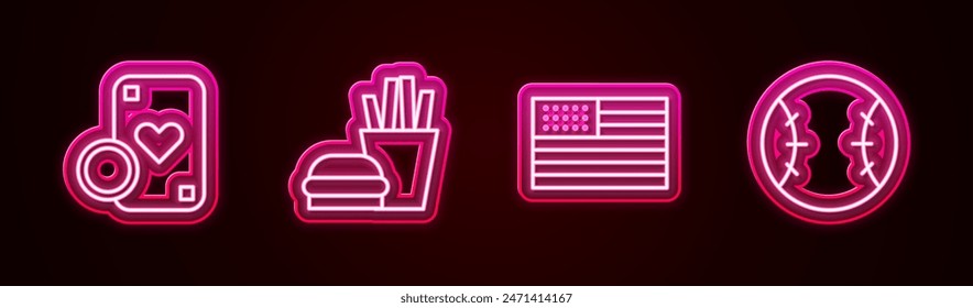 Set line Casino chip and playing cards, Burger french fries, American flag and Baseball ball. Glowing neon icon. Vector