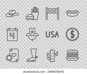 Set line Casino chip and playing cards, Burger, Saloon door, Cowboy boot, Western cowboy hat, Cactus and Coin money with dollar icon. Vector