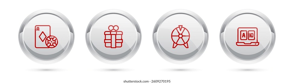 Set line Casino chip and playing cards, Gift box, Lucky wheel and Online poker table game. Silver circle button. Vector