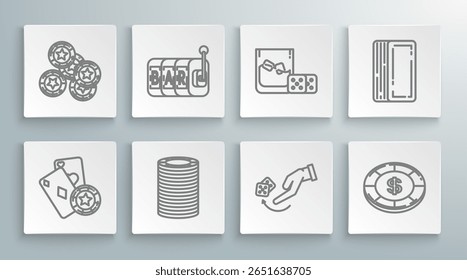 Set line Casino chip and playing cards, Slot machine, chips, Human hand throwing game dice, with dollar symbol, Game glass of whiskey cubes, Deck and  icon. Vector