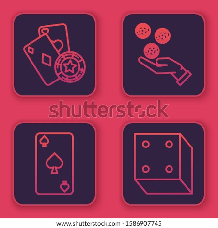 Set line Casino chip and playing cards, Playing card with spades symbol, Hand holding casino chips and Game dice. Blue square button. Vector