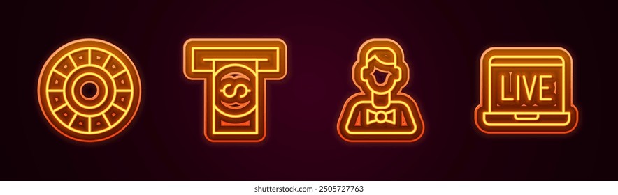 Set line Casino chips, Automated teller machine and money, dealer and Online poker table game. Glowing neon icon. Vector