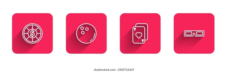 Set line Casino chips, Bowling ball, Playing cards and Cinema glasses with long shadow. Red square button. Vector