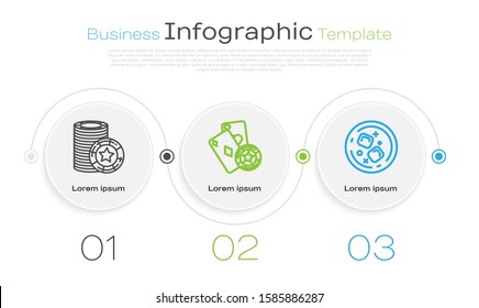 Set line Casino chips, Casino chip and playing cards and Glass of whiskey and ice cubes. Business infographic template. Vector