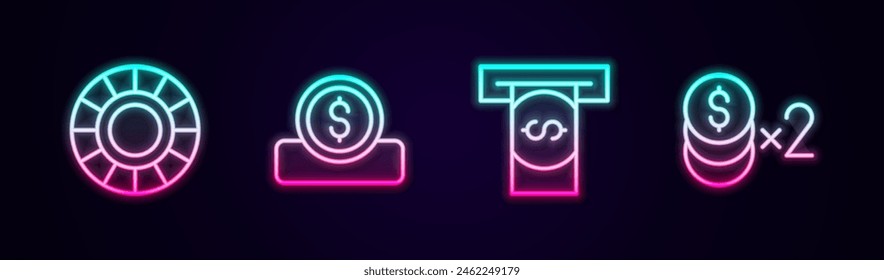 Set line Casino chips, Coin money with dollar, Automated teller machine and and . Glowing neon icon. Vector