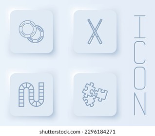 Set line Casino chips, Crossed billiard cues, Board game and Puzzle pieces toy. White square button. Vector
