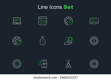 Set line Casino chips, Dart arrow, Football betting money, Hand holding casino, Money bag and  icon. Vector