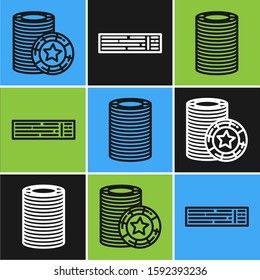 Set line Casino chips, Casino chips and Deck of playing cards icon. Vector