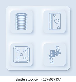 Set line Casino chips, Deck of playing cards, Game dice and Casino chips exchange on stacks of dollars. White square button. Vector