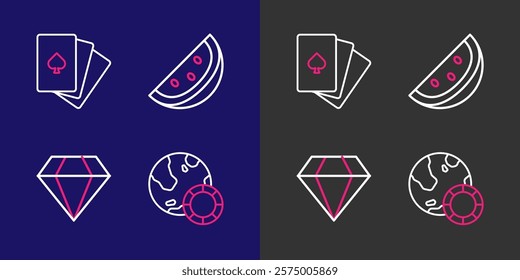 Set line Casino chips, Diamond, slot machine with watermelon and Deck of playing cards icon. Vector