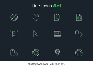 Set line Casino chips, with dollar, Game dice, Online poker table game, Playing card spades symbol and Automated teller machine and money icon. Vector