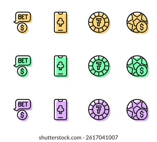 Set line Casino chips, with dollar, Online poker table game and Football betting money icon. Vector