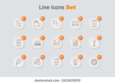 Set line Casino chips, with dollar, Online sports betting, American football money, slot machine clover, Wine glass, Lottery ticket and Financial growth increase icon. Vector