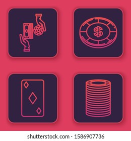 Set line Casino chips exchange on stacks of dollars, Playing card with diamonds symbol, Casino chip with dollar symbol and Casino chips. Blue square button. Vector