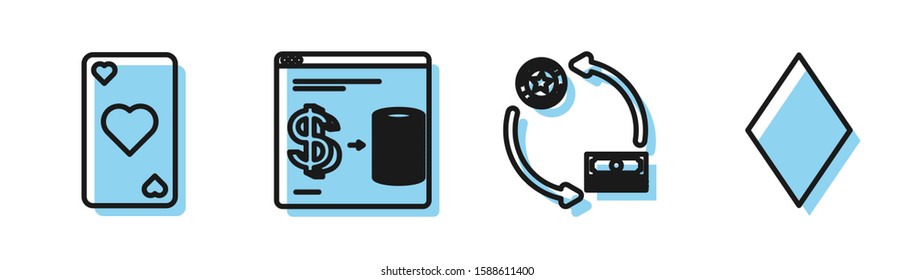 Set line Casino chips exchange on stacks of dollars, Playing card with heart symbol, Online casino chips exchange on stacks of dollars and Playing card with diamonds symbol icon. Vector