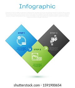 Set line Casino chips exchange on stacks of dollars, Casino chips exchange on stacks of dollars and Game dice and glass of whiskey with ice cubes. Business infographic template. Vector