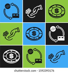 Set line Casino chips exchange on stacks of dollars, Casino chip with dollar symbol and Human hand throwing game dice icon. Vector