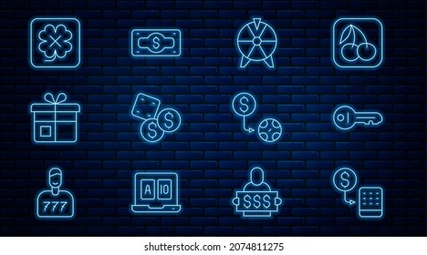 Set line Casino chips exchange, Old key, Lucky wheel, Game dice, Gift box, slot machine,  and Stacks paper money cash icon. Vector