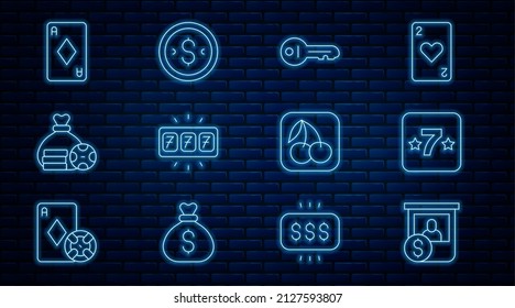 Set line Casino chips exchange, slot machine, Old key, Slot with jackpot, Money bag, Playing card diamonds, cherry and Coin money dollar icon. Vector