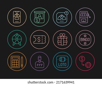 Set Line Casino Chips Exchange, Bingo, Lucky Wheel, Lottery Ticket, On Phone, Gift Box And  Icon. Vector