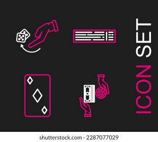 Set line Casino chips exchange on stacks of dollars, Playing card with diamonds symbol, Deck playing cards and Human hand throwing game dice icon. Vector