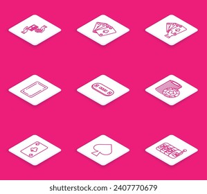 Set line Casino chips exchange on stacks of dollars, Playing cards, Hand holding playing, back, Poker table, with clubs symbol and spades icon. Vector