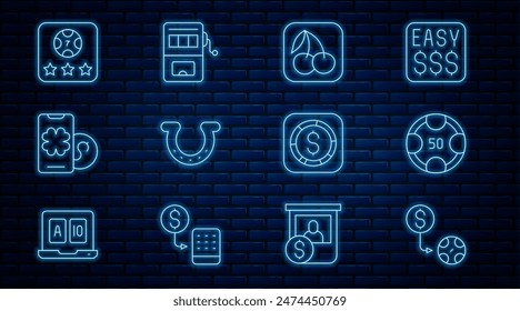 Set line Casino-Chips-Austausch, Spielautomat mit Kirsche, Hufeisen, Online-Poker-Tischspiel, Münzgeld Dollar und Symbol. Vektorgrafik