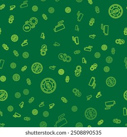 Set line Casino chips exchange on money,  and Security camera on seamless pattern. Vector