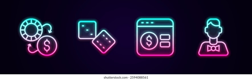 Set line Casino chips exchange, Game dice, Online poker table game and dealer. Glowing neon icon. Vector