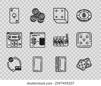 Set line Casino chips exchange on stacks of dollars, Game dice, Playing card back, with spades symbol, Online casino, Deck playing cards and  icon. Vector