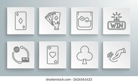 Set line Casino chips exchange on stacks of dollars, Hand holding playing cards, Playing with heart symbol, clubs, Human hand throwing game dice, Glass whiskey cubes,  and diamonds icon. Vector