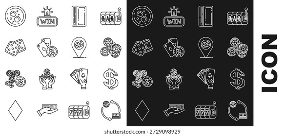 Set line Casino chips exchange on stacks of dollars, Dollar symbol, Deck playing cards, Playing and glass whiskey with ice cubes, Game dice, Glass and location icon. Vector