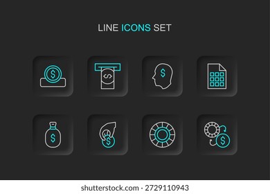 Línea de juego de cambio de fichas de casino, casino de mano, bolsa de dinero, boleto de lotería, jugador afortunado, dinero de la máquina de cajero automático y moneda con icono de dólar. Vector