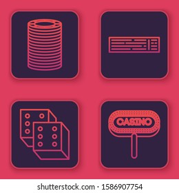 Set line Casino chips, Game dice, Deck of playing cards and Casino signboard. Blue square button. Vector