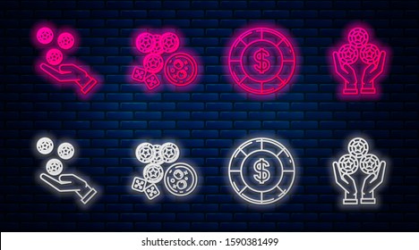 Set Line Casino Chips, Game Dice And Glass Of Whiskey With Ice Cubes, Casino Chip With Dollar Symbol, Hand Holding Casino Chips And Hand Holding Casino Chips. Glowing Neon Icon On Brick Wall. Vector