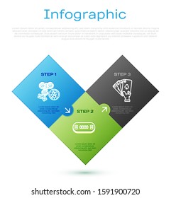 Set line Casino chips, game dice and glass of whiskey with ice cubes, Hand holding playing cards and Poker table. Business infographic template. Vector