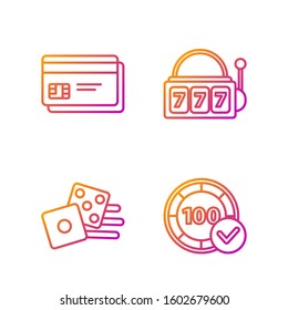Set line Casino chips, Game dice, Credit card and Slot machine with lucky sevens jackpot. Gradient color icons. Vector