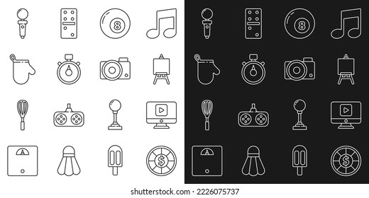 Set line Casino chips, Online play video, Easel or painting art boards, Billiard pool snooker ball, Stopwatch, Oven glove, Joystick for arcade machine and Photo camera icon. Vector