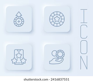 Set line Casino chips, Online sports betting and Hand holding casino. White square button. Vector