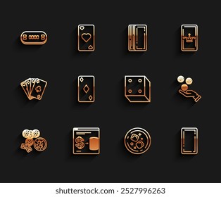 Set line Casino chips, Online casino exchange on stacks dollars, Poker table, Glass, Playing card back, diamonds symbol, Hand holding and Game icon. Vector