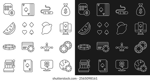 Set line Casino chips, Online poker table game, Cigar, Deck of playing cards, slot machine with watermelon, Lottery ball bingo and lemon icon. Vector