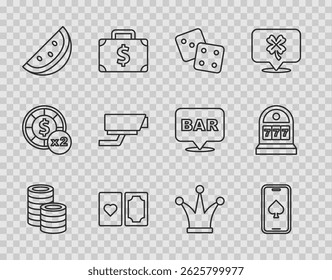 Set line Casino chips, Online poker table game, Game dice, Deck of playing cards, slot machine with watermelon, Security camera, Joker and Slot jackpot icon. Vector