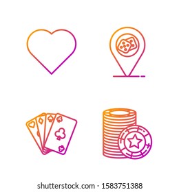 Set line Casino chips, Playing cards, Playing card with heart symbol and Casino location. Gradient color icons. Vector