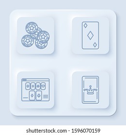 Set line Casino chips, Playing card with diamonds symbol, Online poker table game and Joker playing card. White square button. Vector
