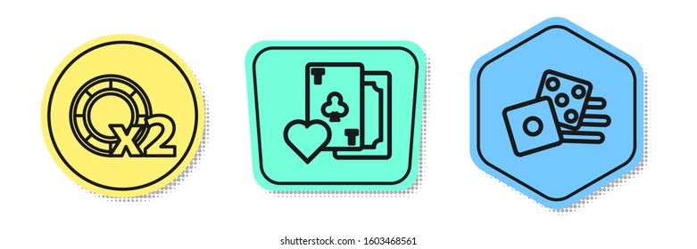 Set line Casino chips, Playing card with clubs symbol and Game dice. Colored shapes. Vector