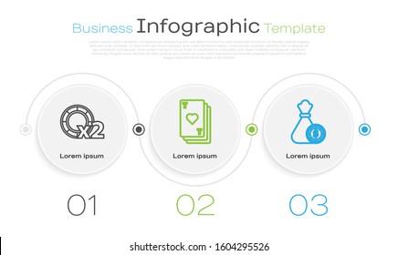 Set line Casino chips, Playing card with heart and Money bag and casino chips. Business infographic template. Vector