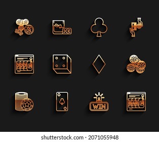 Set line Casino chips, Playing card with clubs symbol, game dice and glass of whiskey ice cubes, win, Online slot machine, Game,  and diamonds icon. Vector