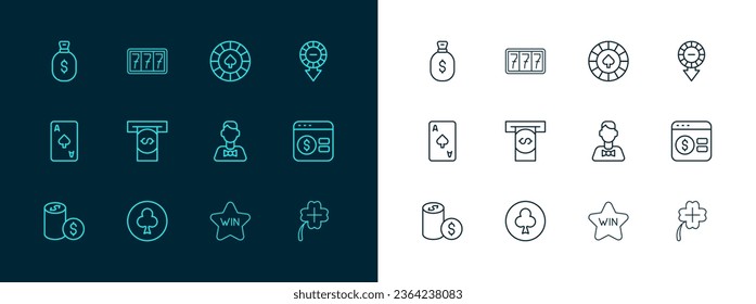 Set line Casino chips, Playing card with clubs symbol, dealer, win, Automated teller machine and money, Money bag and Slot jackpot icon. Vector