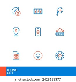 Set line Casino chips, Playing card with clubs symbol, Lottery ticket, signboard, poker trophy cup, Online table game, slot machine clover and Slot jackpot icon. Vector