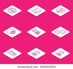 Set line Casino chips, Playing card with spades, Online poker table game, Credit, Game dice, Stacks paper money cash and win icon. Vector